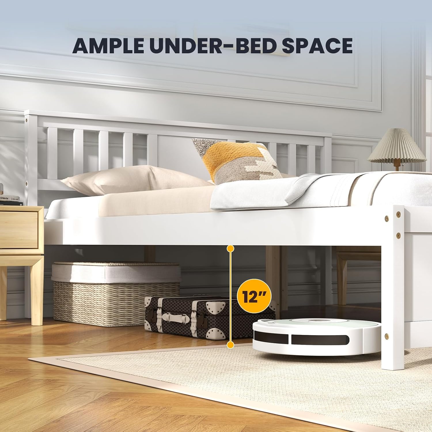 Giantex Full Size Solid Wood Platform Bed Frame, Mid Century Full Bed Frame with Headboard, Wood Slat Support, Double Panel Bed, No Box Spring Needed, Easy Assembly, White