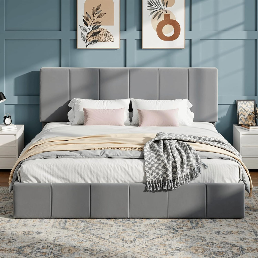 SHA CERLIN King Size Bed Frame, Velvet Upholstered Platform Bed, Vertical Channel Tufted Adjustable Headboard, Low Profile Bed Frame, No Box Spring Needed, Easy Assembly, Grey