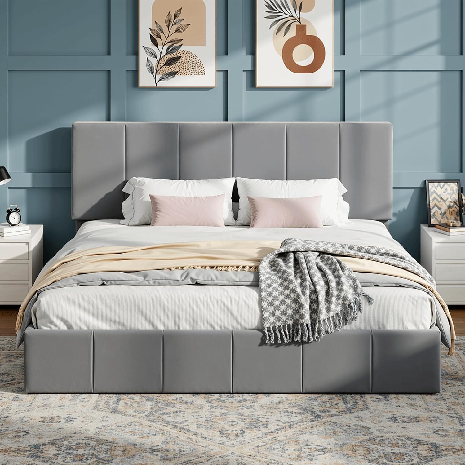 SHA CERLIN King Size Bed Frame, Velvet Upholstered Platform Bed, Vertical Channel Tufted Adjustable Headboard, Low Profile Bed Frame, No Box Spring Needed, Easy Assembly, Grey