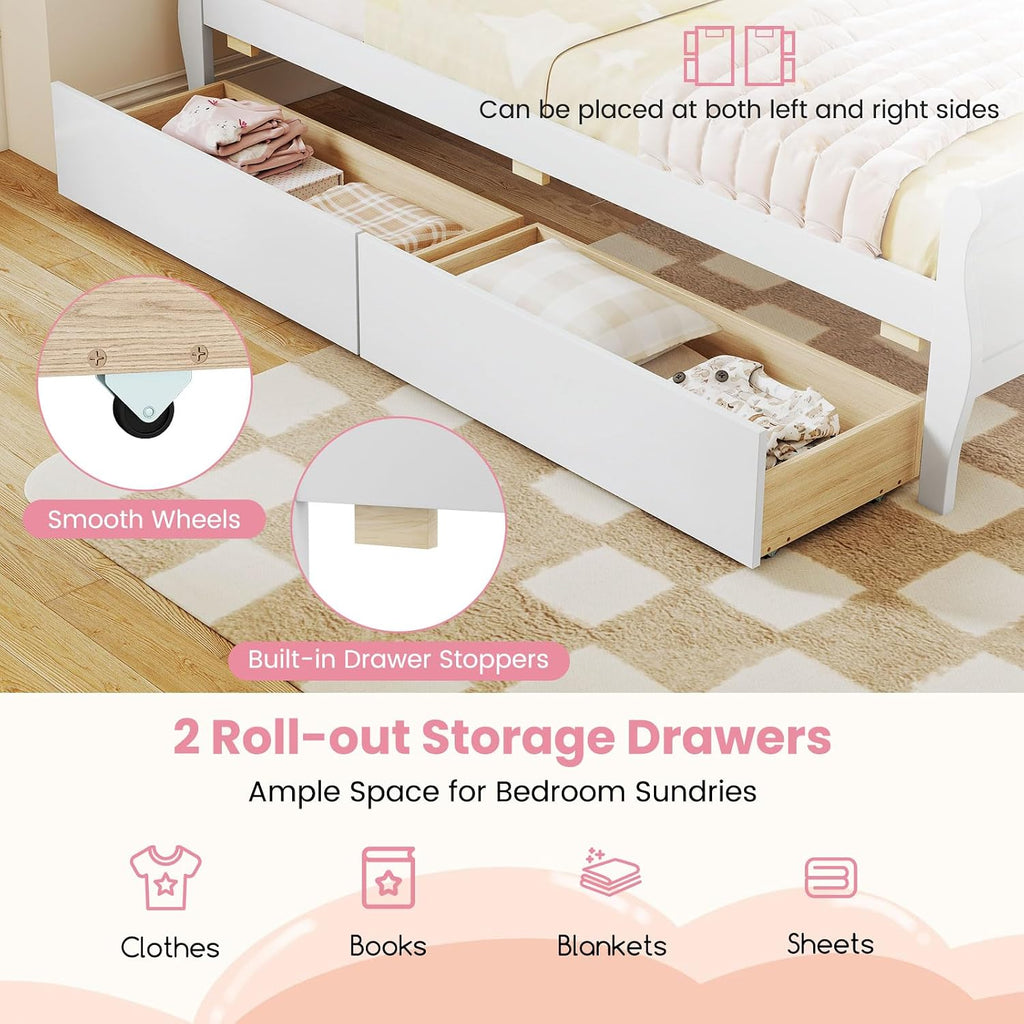 KOMFOTT 2 Twin Bed with 2 Drawers, Twin Storage Bed with Headboard for Bedroom, Sleigh Wood Bed Frame with Wooden Slats Support for Kids, Teens, Adults, No Box Spring Needed (White)