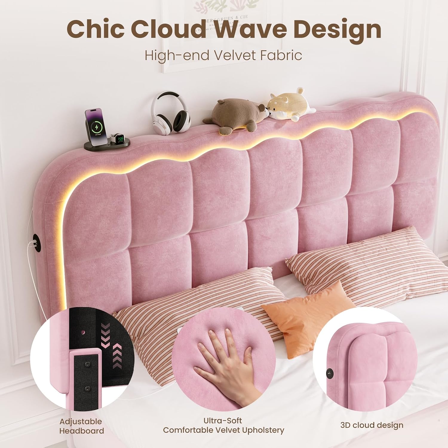 CypBed Queen Size Bed Frame with 4 Storage Drawers & LED Lights, Velvet Upholstered Platform Bed Frame with Charing Station and Adjustable Headboard, Wood Slats Support, No Box Spring Needed, Pink
