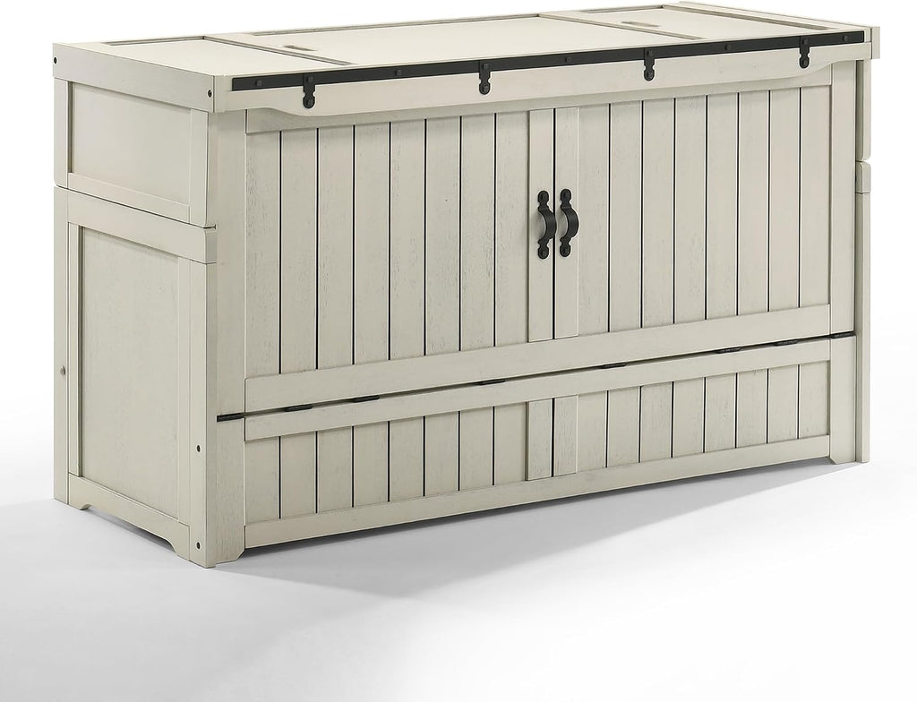NIGHT & DAY Furniture Rustic Murphy Cube Cabinet Bed (Vintage White w/Ranchero Hardware, Queen)
