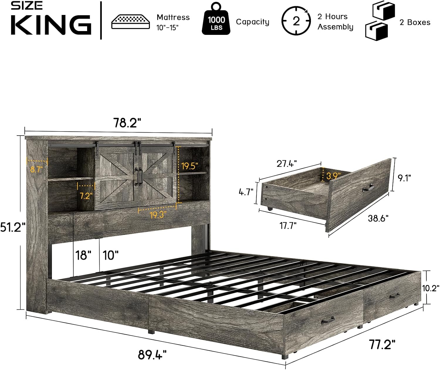 HOWE Farmhouse King Size Bed Frame with 51.2' Bookcase Headboard, Wooden Platform Bed with 2 Drawers, Sliding Barn Door Dec, Storage Bed with Charging Station, No Box Spring Needed, Rustic Grey
