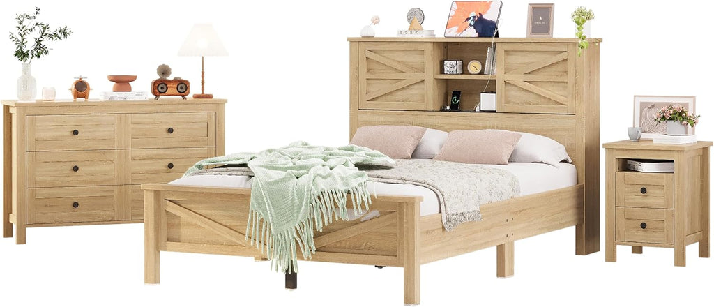 Farmhouse 3-Pieces Bedroom Sets, Full Size Platform Bed with a Nightstand and 6-Drawer Storage, Wood Platform Bed with Double Sliding Door Storage Headboard and Charging Station (Full)