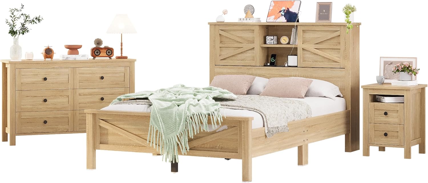 Farmhouse 3-Pieces Bedroom Sets, Full Size Platform Bed with a Nightstand and 6-Drawer Storage, Wood Platform Bed with Double Sliding Door Storage Headboard and Charging Station (Full)