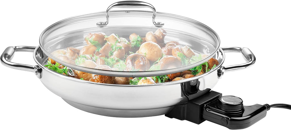 Electric Skillet By Cucina Pro - 18/10 Stainless Steel Frying Pan with Tempered Glass Lid and Handles, 12' Round, Adjustable Temperature Control Knob, Portable and Includes Recipe Guide, Great Gift