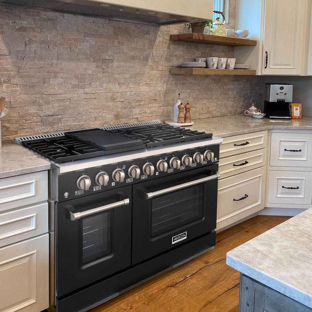 Akicon 48 Inch Freestanding Gas Range - 6.7 cu. ft. Double Rapid Convection Oven - Gas Stove with 8 Sealed Burners & a Griddle, Heavy Duty Cast Iron Grates (Black & Stainless Steel)