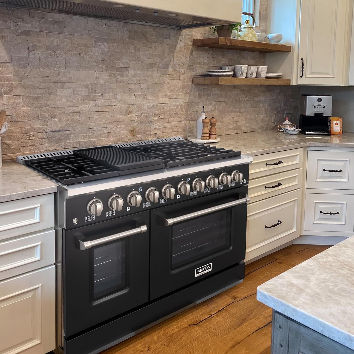Akicon 48 Inch Freestanding Gas Range - 6.7 cu. ft. Double Rapid Convection Oven - Gas Stove with 8 Sealed Burners & a Griddle, Heavy Duty Cast Iron Grates (Black & Stainless Steel)