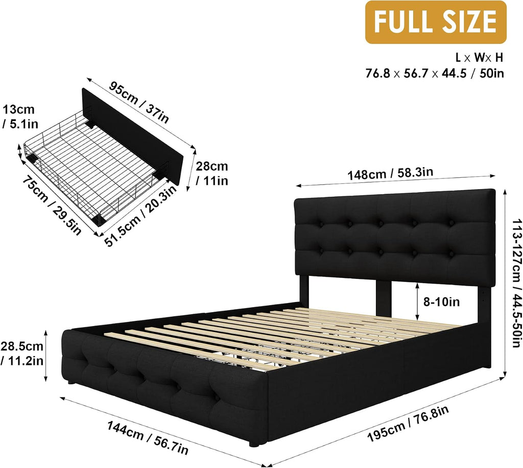TTVIEW Full Size Bed Frame with 4 Storage Drawers and Adjustable Headboard, Upholstered Platform Bed with Button Tufted Design, Strong Wooden Slats Support, No Box Spring Needed, Black