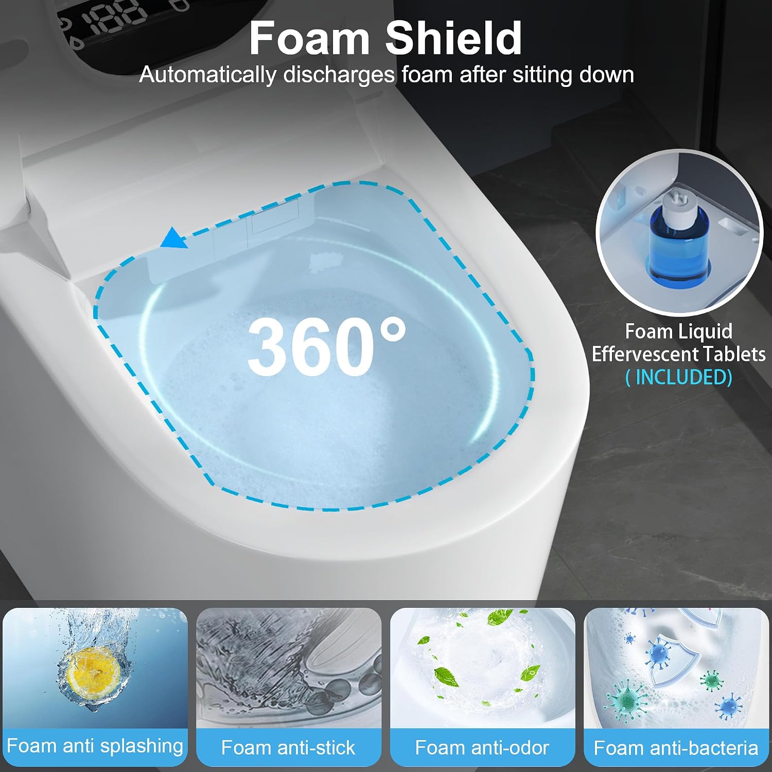 Smart Bidet Toilet with Tank, Foam Shield, Dual Auto Flush, Manual Soft-Close Lid&Seat, Foot Sensor, Electric Modern One Piece Toilets for Bathroom with Siphon Dual Flush 0.8/1.2 GPF