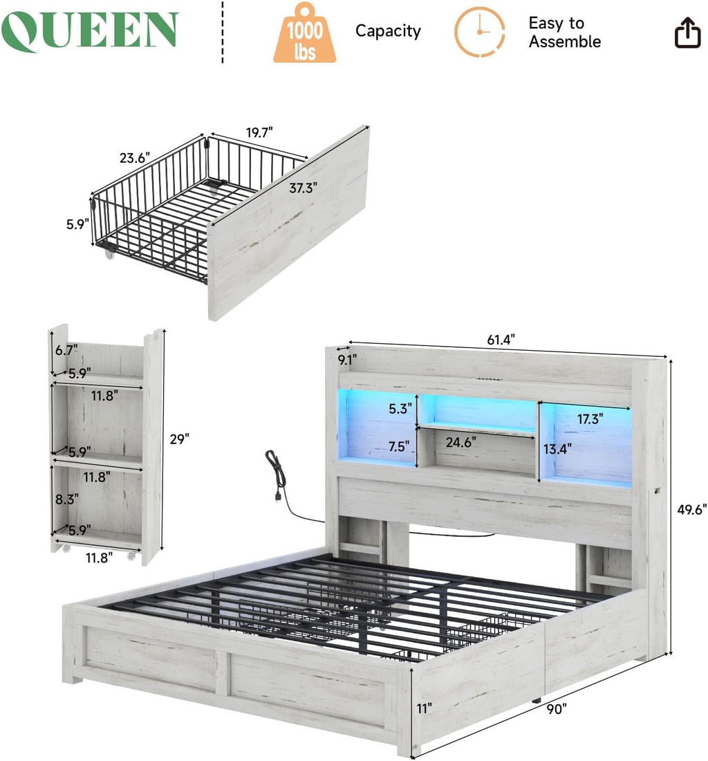 AMERLIFE Queen Bed Frame with 4 Storage Drawer, LED Bed Frame with 49.6' Tall Bookcase Headboard, Wood Platform Bed with Charging Station & 2 Slide Bedside Shelf, No Box Spring Needed/Distressed White