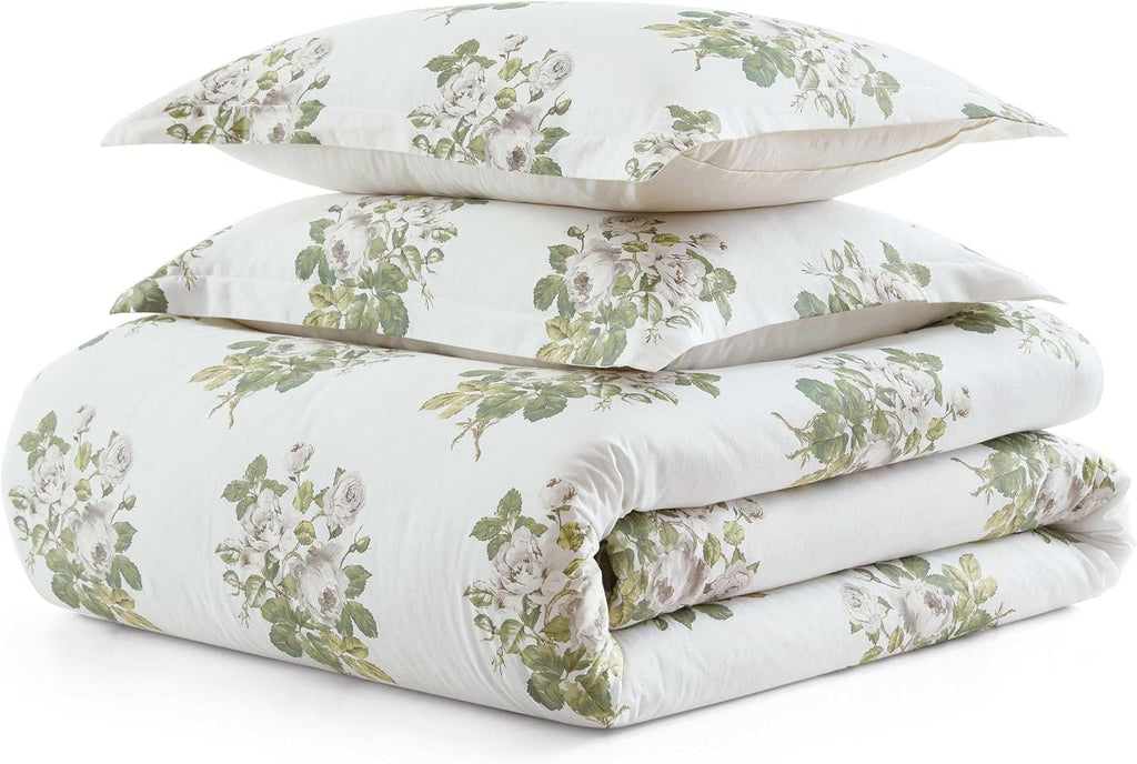 Martha Stewart - King Comforter Set, Smooth Sateen Front with Subtle Sheen & Lightweight Cotton Percale Reverse, 3 Piece Bed Set with Matching Pillowcases (Eloise Floral Grey)