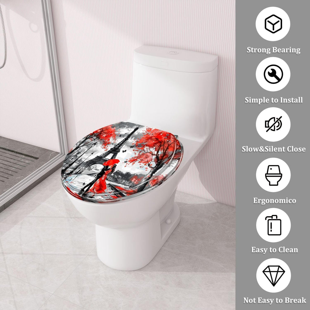 Round Toilet Seat Oil Paris european city landscape France tower Black white red Modern Resin Toilet Seat Quietly Close Quick Release Hinges Decorative Toilet Seat with Cover Easy to Install
