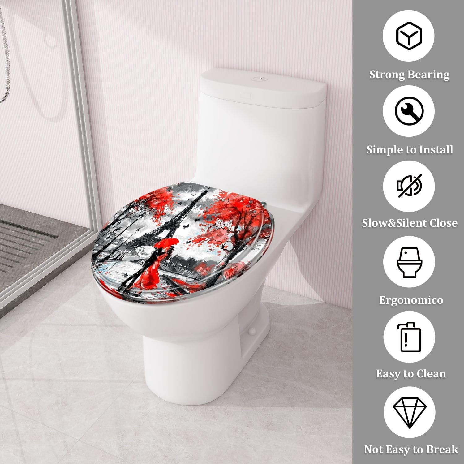 Round Toilet Seat Oil Paris european city landscape France tower Black white red Modern Resin Toilet Seat Quietly Close Quick Release Hinges Decorative Toilet Seat with Cover Easy to Install