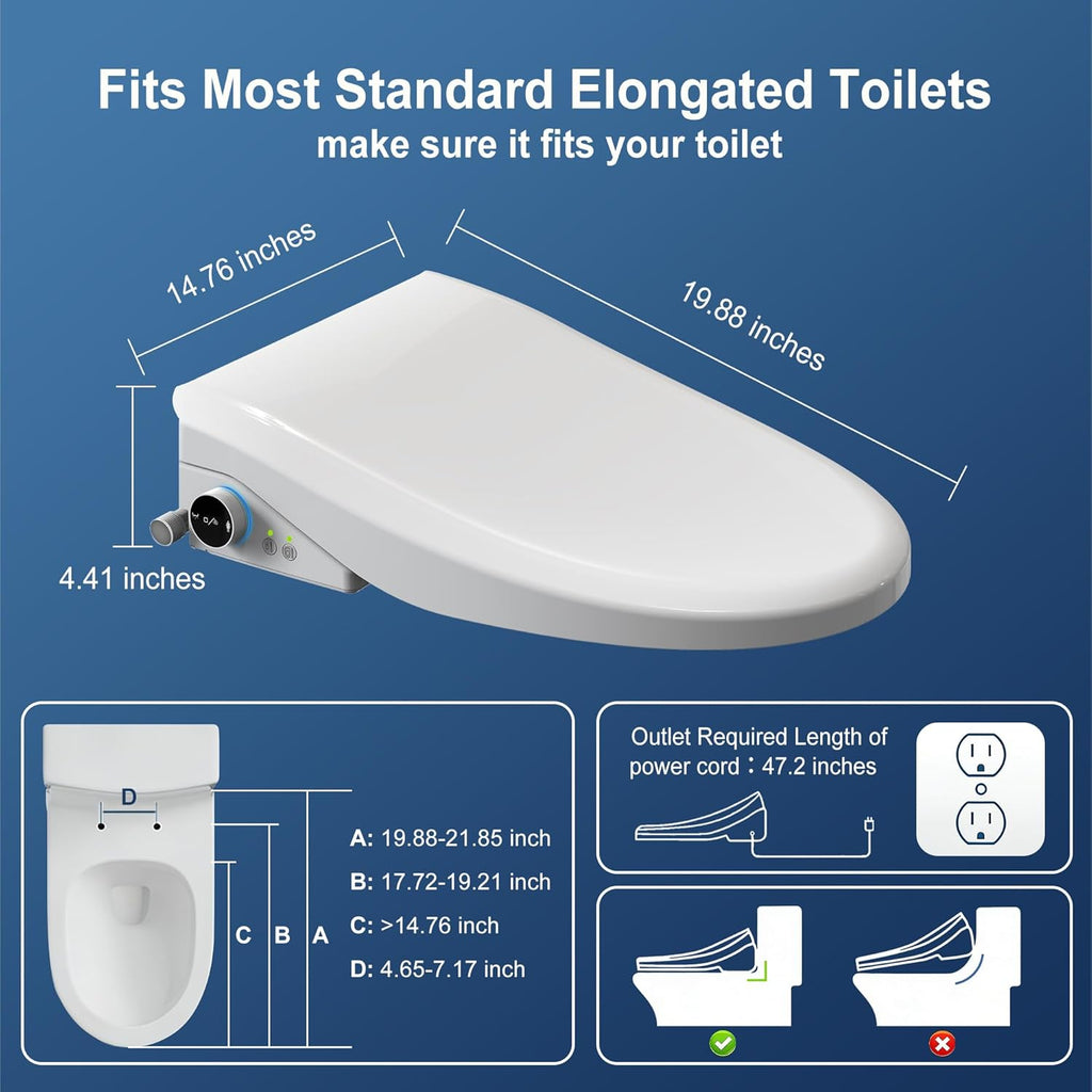 Electric Smart Bidet Toilet Seat with Remote Control, Heated Seat, Instant Warm Water & Air Dryer, Advanced Safety Features, Stainless Steel Nozzle, Slow Close Lid, Silent, Elongated, White