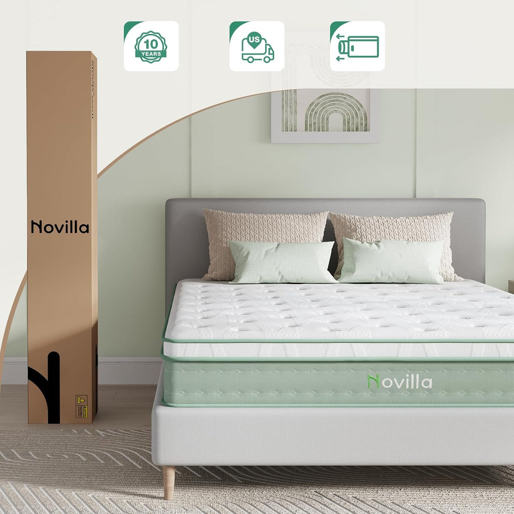 Novilla Twin Mattress, 10 Inch Hybrid Pillow Top Twin Size Mattress in a Box with Gel Memory Foam & Individually Wrapped Pocket Coils Innerspring for a Cozy & Peaceful Sleep