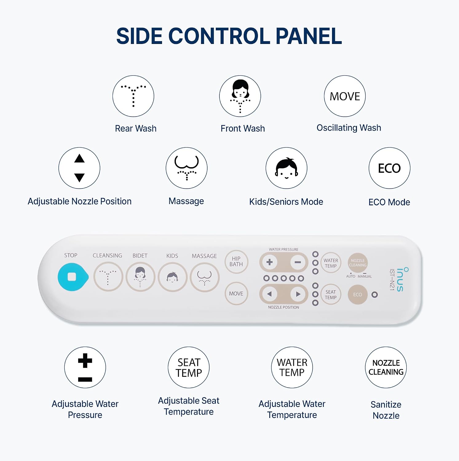 Inus N21 Electric Heated Bidet Toilet Seat Elongated, Warm Water, Smart Heated Water Luxury Bidet Toilet Seat with Kids Mode, Self Cleaning Nozzle, Tankless, Smart Touch Panel & Temperature Control