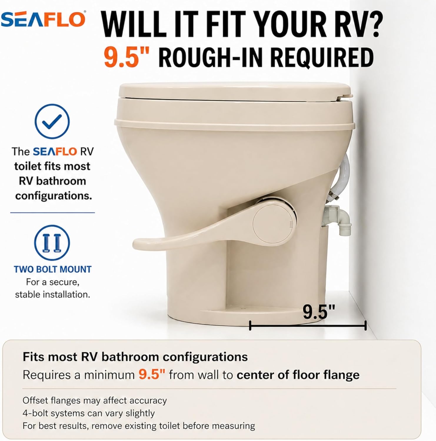SEAFLO Bone RV Toilet, Residential Height 18.4', Gravity Flush Foot Pedal, Soft Close Seat, Camper Toilet for RV Motorhome Travel Trailer, Parchment, SFRTPH-02-01, 4-Year Warranty