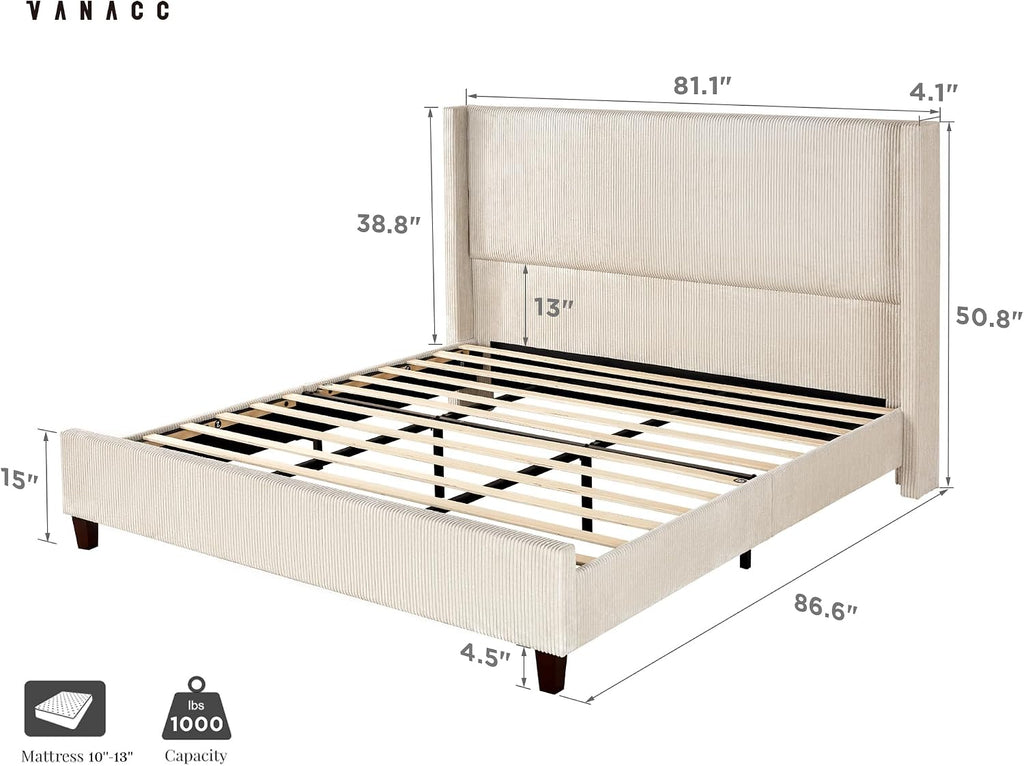 VanAcc King Size Platform Bed Frame, 50.8' Corduroy Upholstered Bed with Vertical Channel Tufted Headboard/Wooden Slats/Wingback/No Box Spring Required/Beige