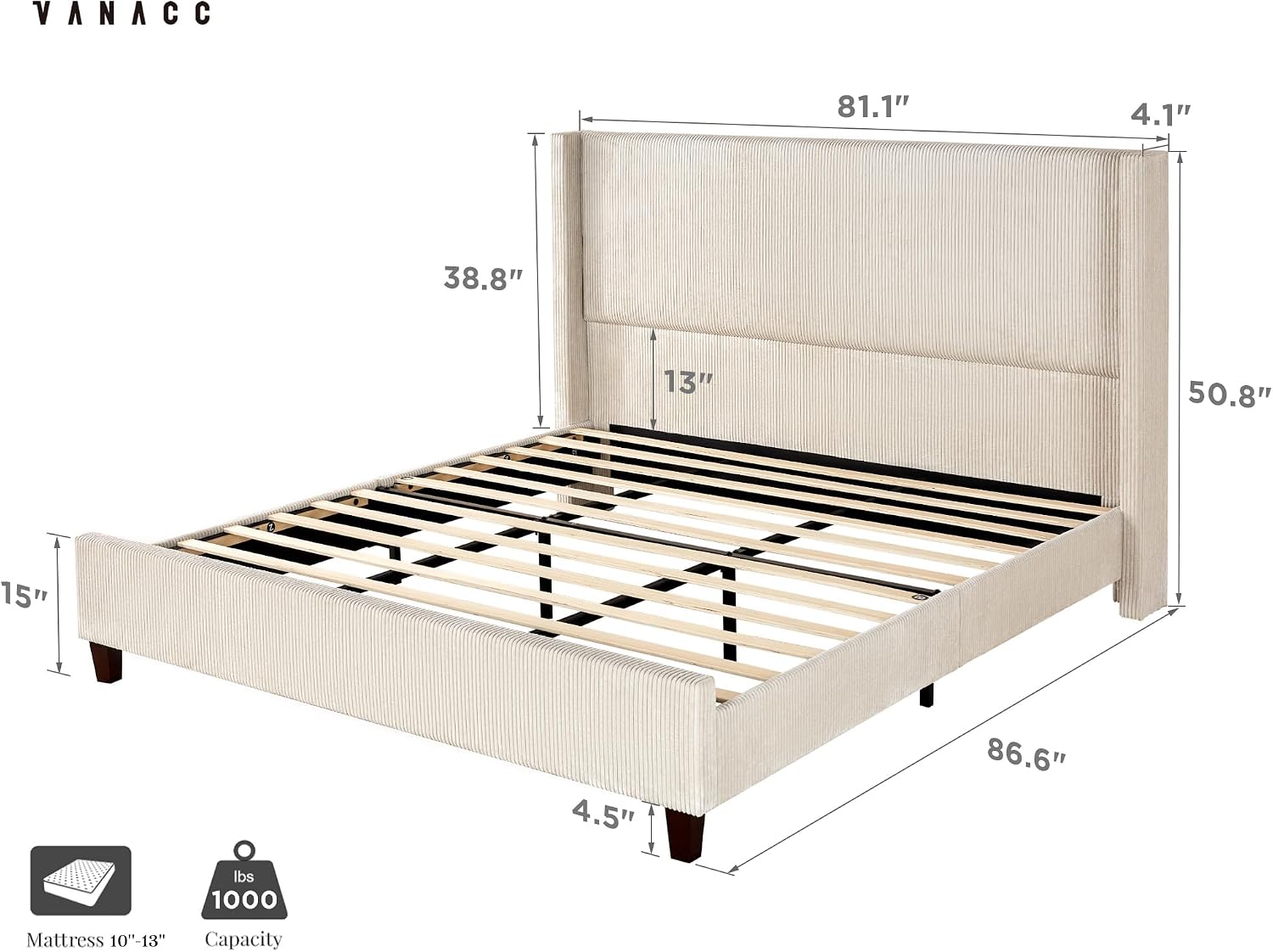 VanAcc King Size Platform Bed Frame, 50.8' Corduroy Upholstered Bed with Vertical Channel Tufted Headboard/Wooden Slats/Wingback/No Box Spring Required/Beige