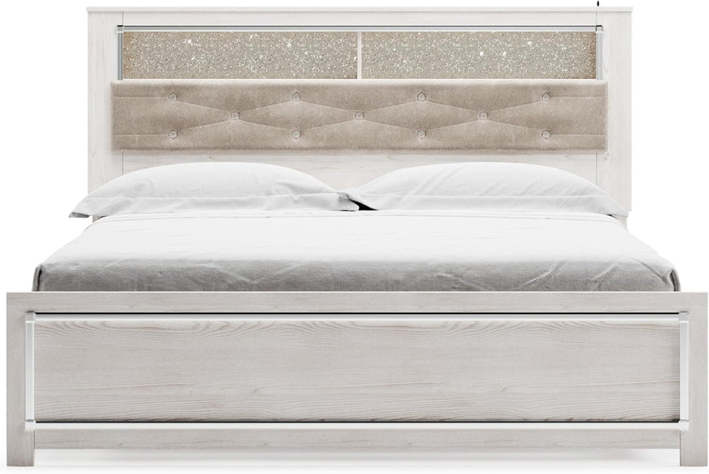 Signature Design by Ashley Altyra Modern King Tufted Panel Bookcase Bed, Foundation or Box Spring Not Needed, White