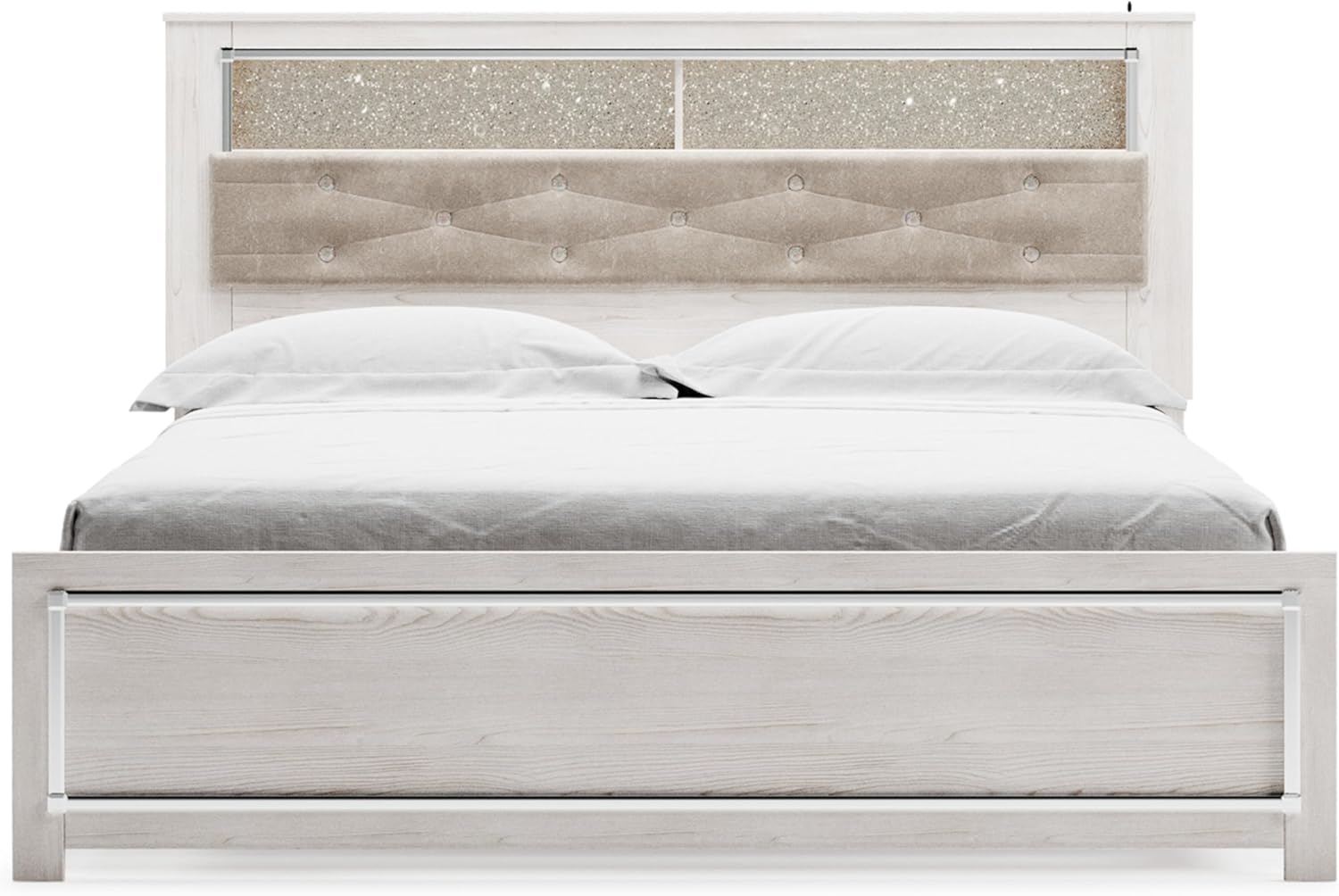 Signature Design by Ashley Altyra Modern King Tufted Panel Bookcase Bed, Foundation or Box Spring Needed, White