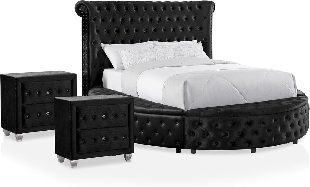 Furniture of America Rhodo Glam Button Tufting Fabric Upholstered 3-Piece Bedroom Set, Bed and 2 Nightstands, California King-Size, Black