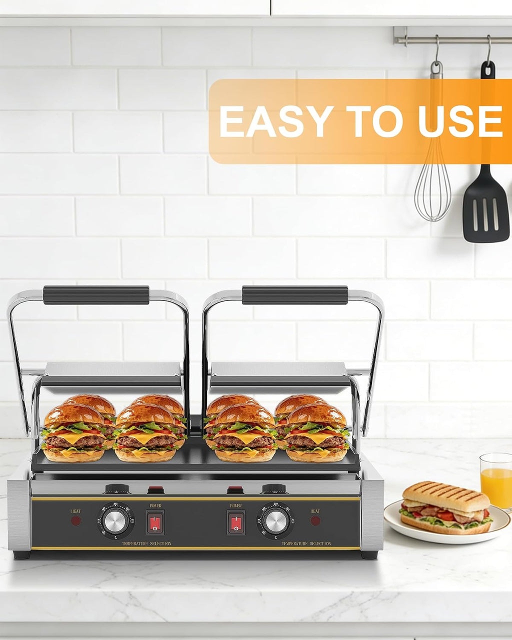 Commercial Panini Press - 3600W Double Sandwich Press, Stainless Steel Electric Panini Grill w/Dual Independent Temp Controls, 19'x9' Full Flat Smooth Cooking Pan for Hamburger Steak Bacon