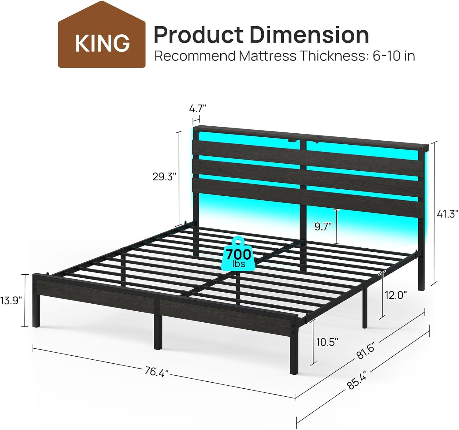 Rolanstar Bed Frame King Size with USB Charging Station, LED Bed Frame with Wood Storage Headboard, Black Metal Platform Bed with Under Bed Storage, No Box Spring Needed, Noise Free