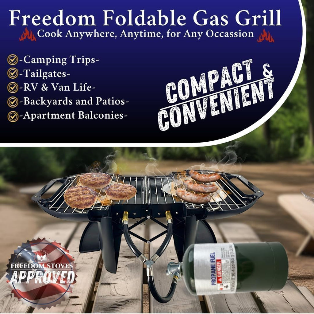 Portable Propane Grill & Griddle Combo by Freedom – Lightweight Foldable Gas Grill (16 lb), Dual Burners 9,200 BTU, Electric Ignition, Tote Included – Ideal for Camping, RV, Tailgating