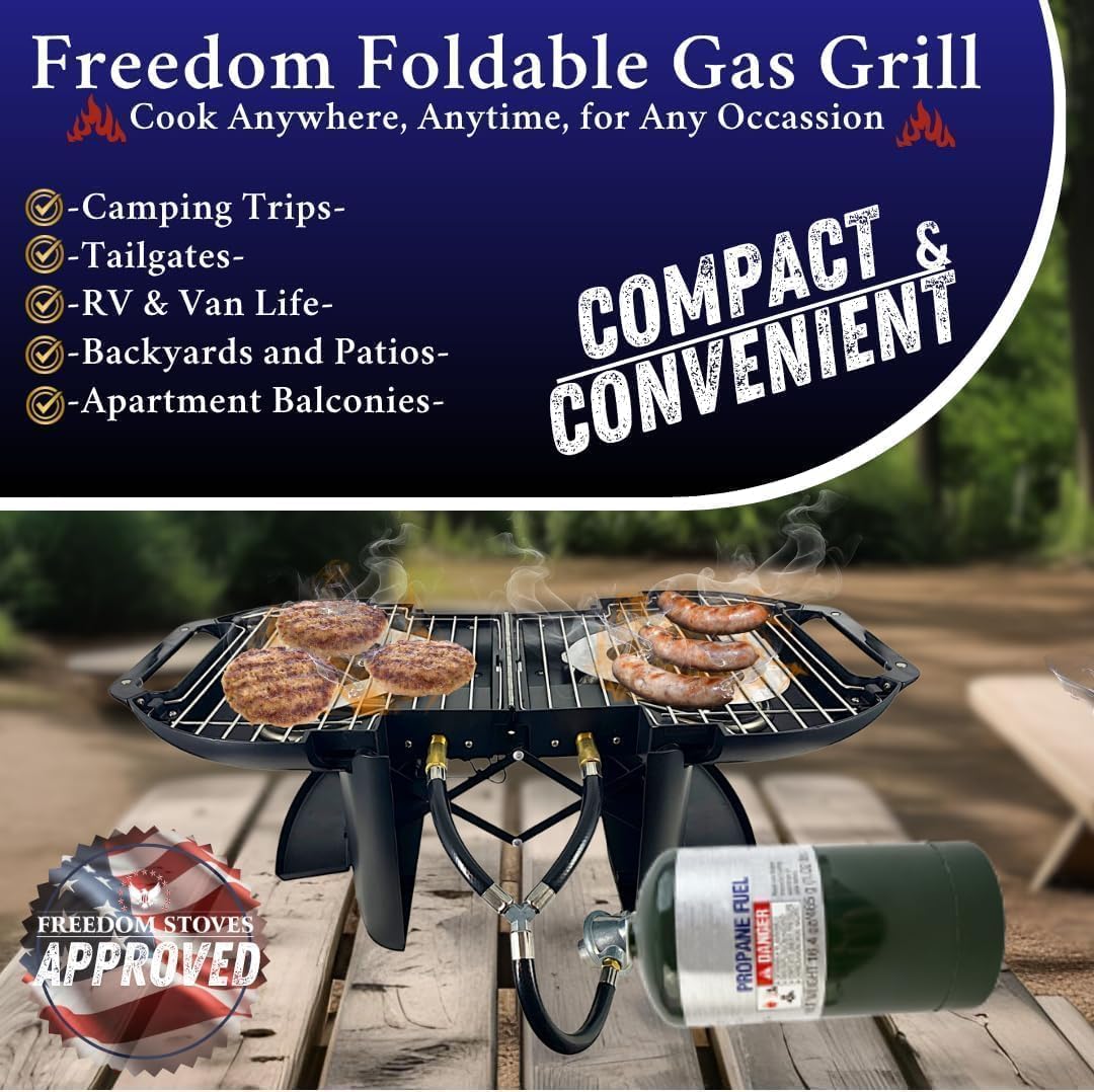 Portable Propane Grill & Griddle Combo by Freedom – Lightweight Foldable Gas Grill (16 lb), Dual Burners 9,200 BTU, Electric Ignition, Tote Included – Ideal for Camping, RV, Tailgating