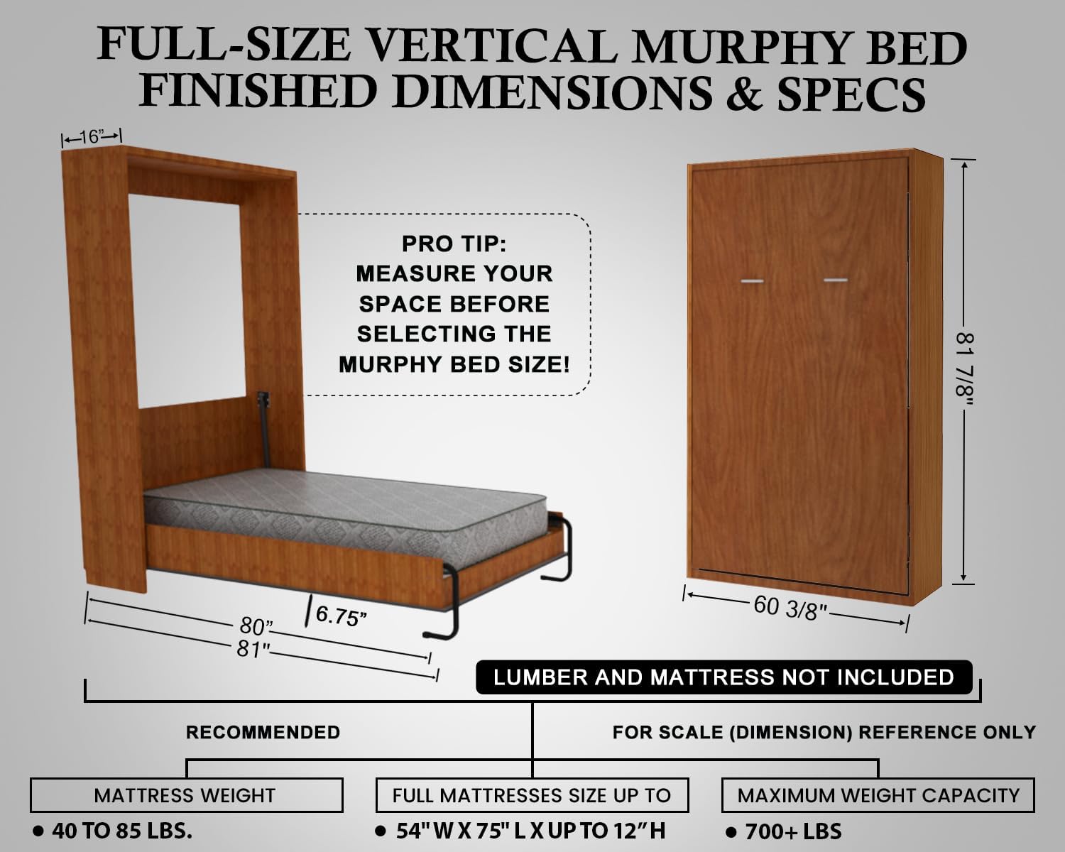 Full (Double) Size DIY Murphy Bed Hardware Kit – Vertical Wall Bed Space-Saving - Budget-Friendly DIY Setup - Made in USA - Hide Away Design Murphy Bed Hardware - Bed Lift Mechanism