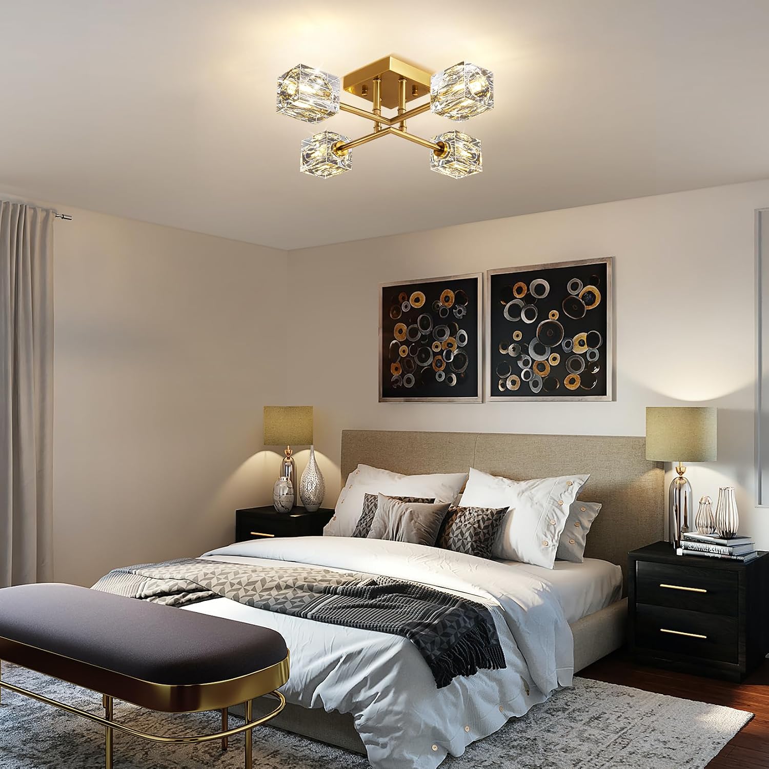 Gold Modern Sputnik Chandelier Ceiling Light Fixtures,4-Lights Industrial Crystal Semi Flush Mount Ceiling Light for Bedroom Dining Room Hallway Kitchen Bedroom Entryway