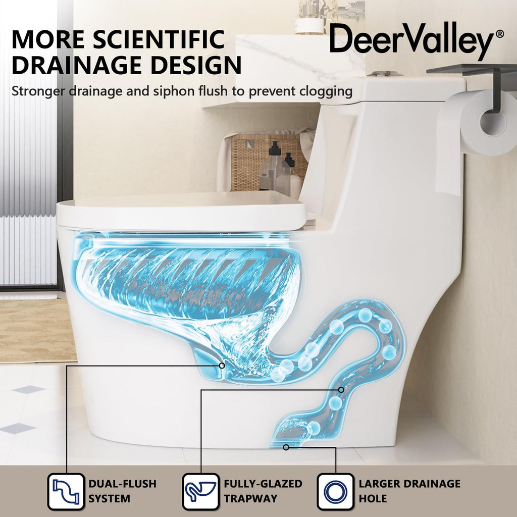 One Piece Toilet DeerValley 10' Rough-In Toilet for Bathroom 1.1/1.6 GPF Dual Flush Standard Bathroom Toilet with Soft-Closing and Quick-Release Seat DV-1F52816R