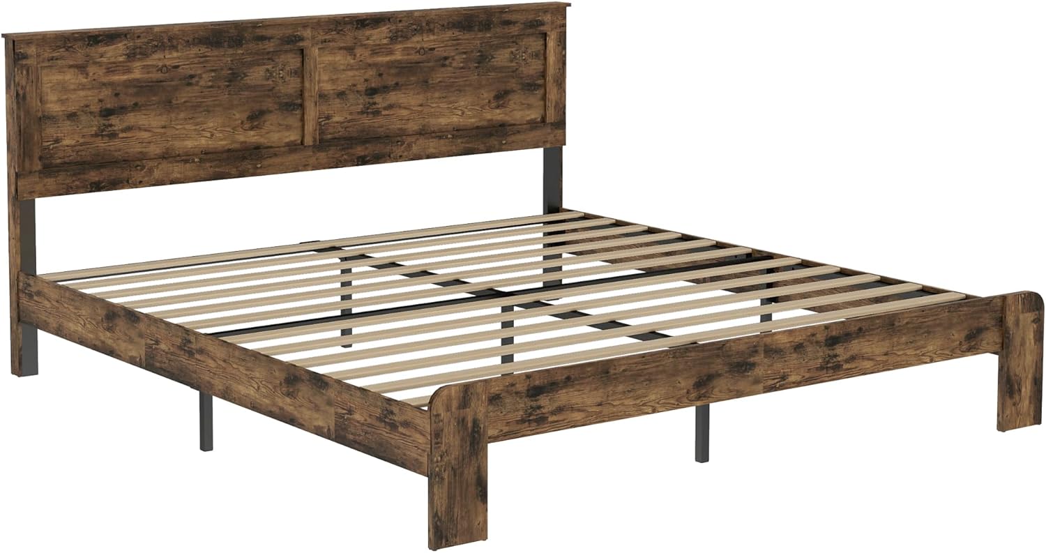 Bellemave Rustic Vintage King Size Bed Frame with Headboard,Wooden Platform Bed Frame King Size with Wood Slats,Easy Assembly,Dark Brown
