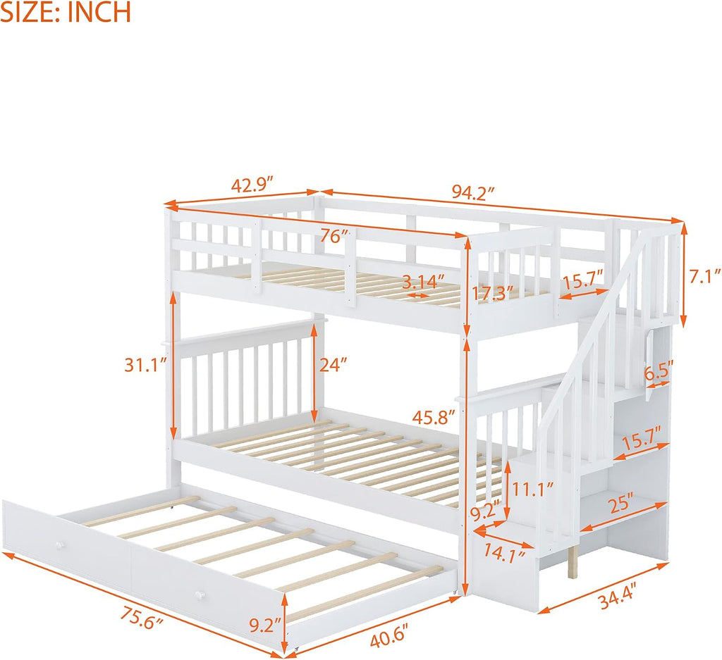 Harper & Bright Designs Twin-Over-Twin Bunk Bed with Trundle and Storage Staircase, Solid Wood 3 in 1 Stairway Bunk Bed with Trundle, White