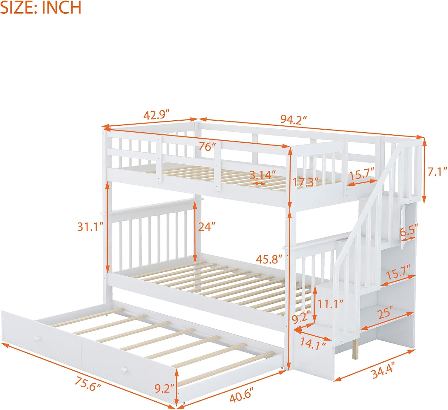 Harper & Bright Designs Twin-Over-Twin Bunk Bed with Trundle and Storage Staircase, Solid Wood 3 in 1 Stairway Bunk Bed with Trundle, White