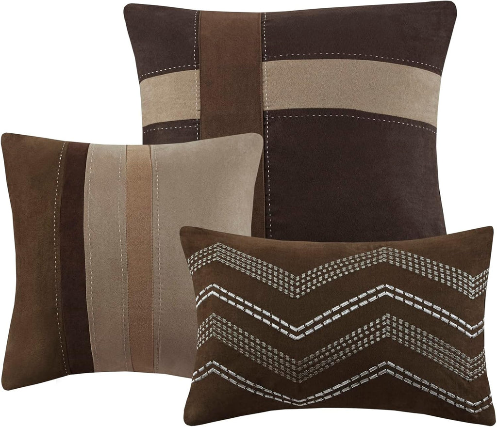Madison Park Palisades Comforter Set Modern Faux Suede Pieced Stripe Design, All Season Down Alternative Cozy Bedding with Matching Shams, Decorative Pillows, King(104'x92'), Brown 7 Piece