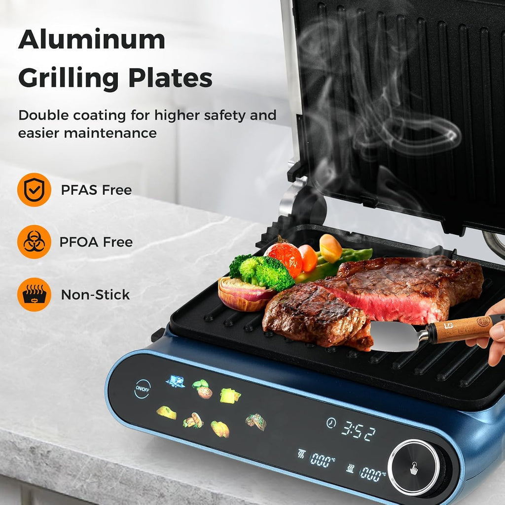 Electric Grill Indoor, Panini Press Sandwich Maker with Non-stick Reversible Grill Plates, Drip Tray & LED Display, 7 Grilling Modes, Dishwasher Safe, 1200W