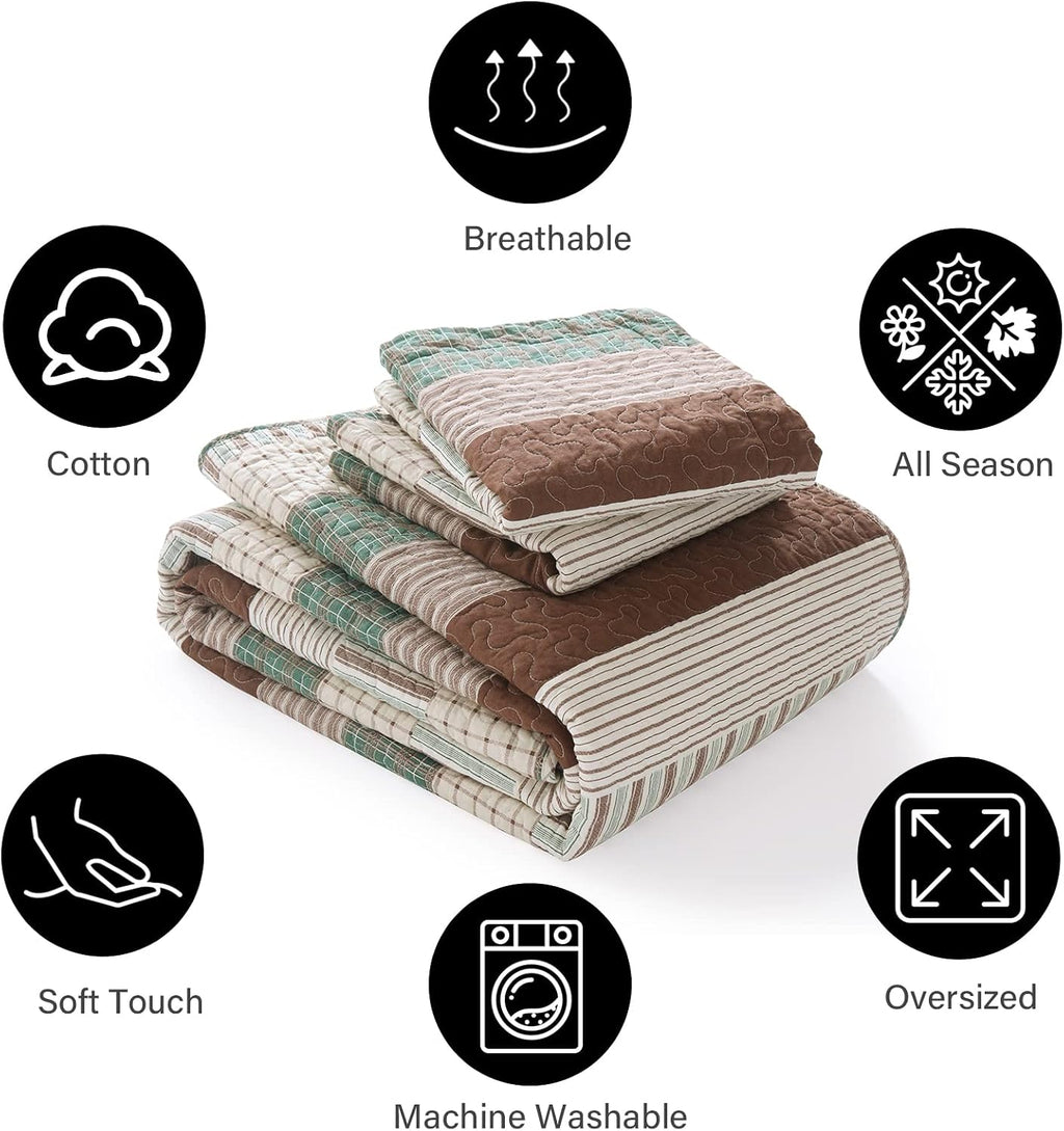 PANGUSHAN 100% Cotton Quilt Set King Size, Patchwork King Quilt Bedding Set Bedspreads, Farmhouse Lightweight Comforter Reversible Quilt, Green/Brown/Beige Bed Spread for All Season, 3 Pieces