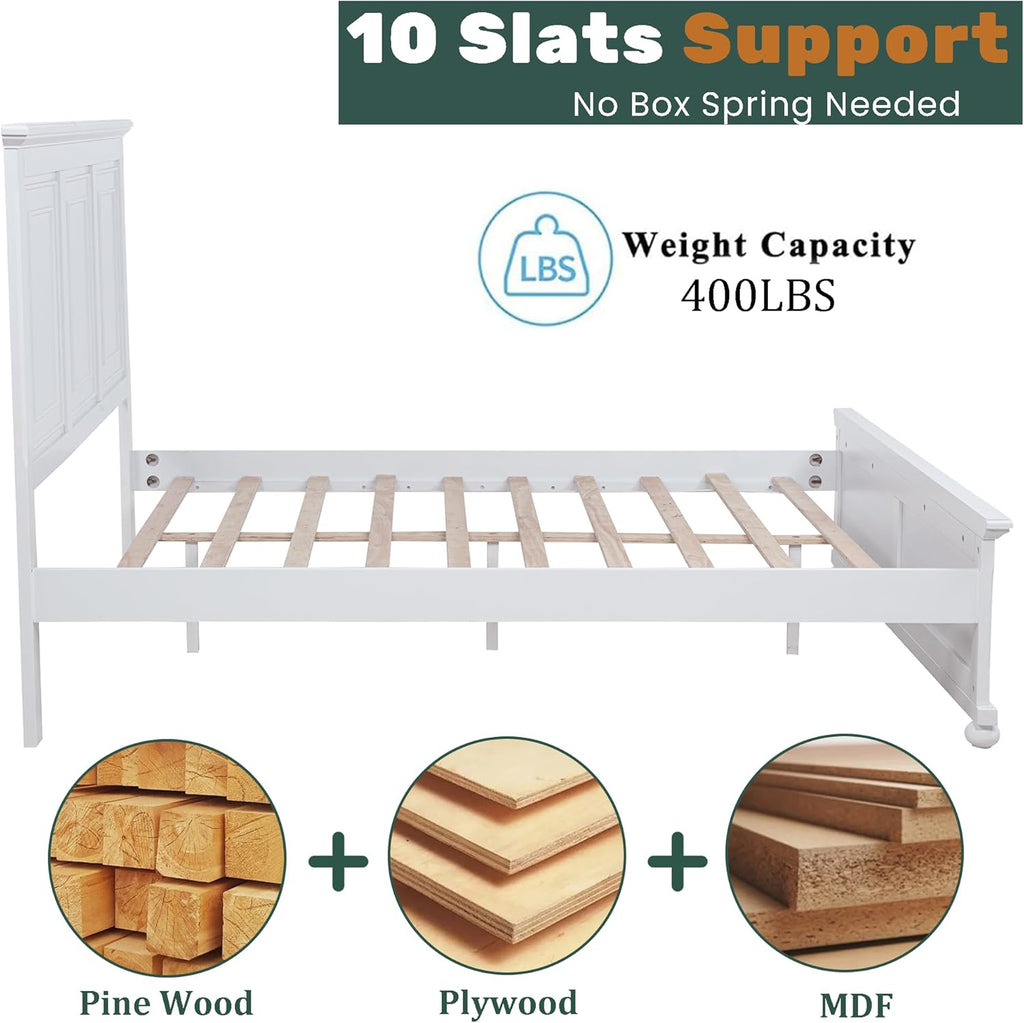 Mirightone Farmhouse Queen Bed Frame with Tall Headboard and Footboard, White Wood Bed Frames Queen with Under Bed Storage, Noise-Free, No Box Spring Needed, White