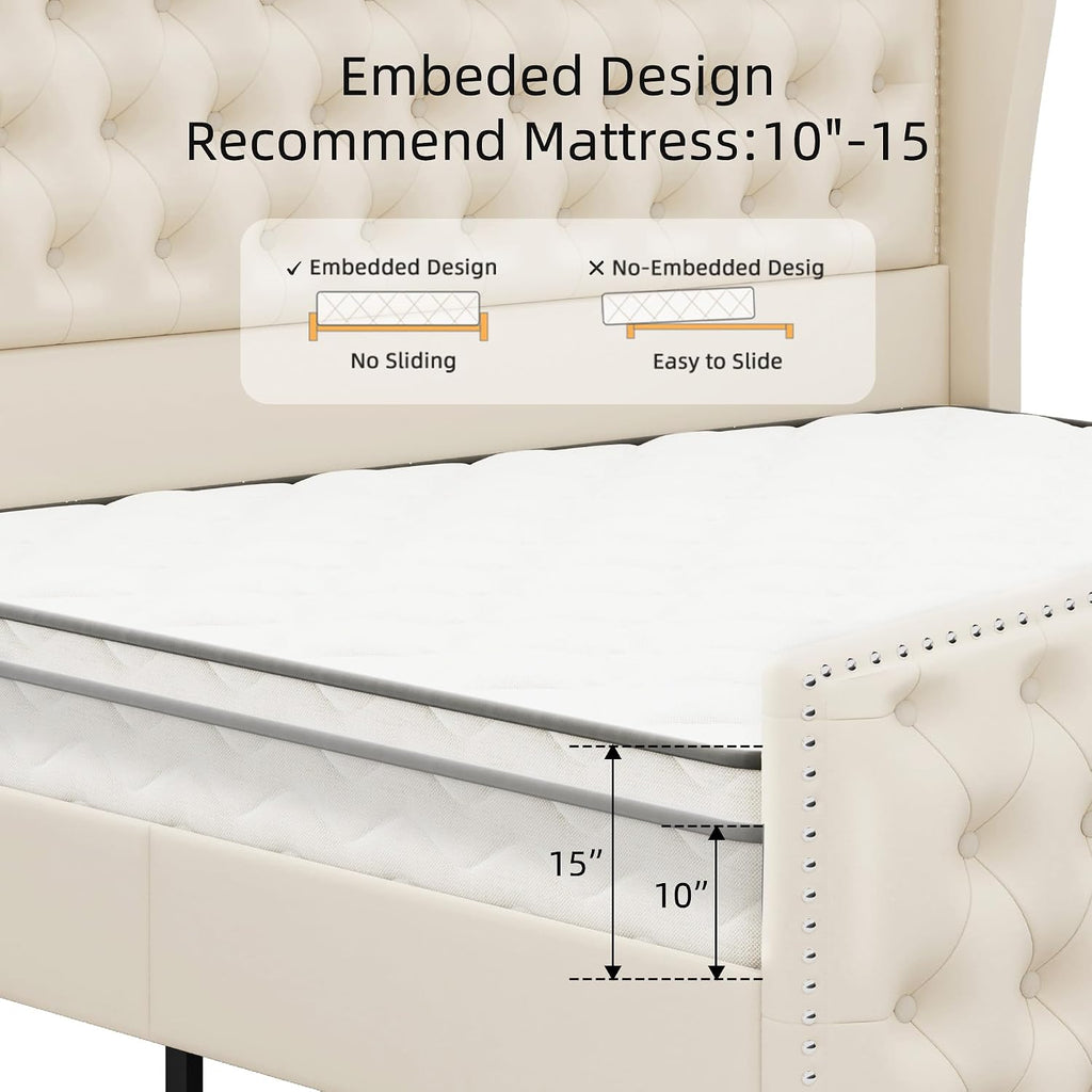 BRELTAM Upholstered King Size Bed Frame Velvet Beige Tufted Platform Bed Frame with Wingback Headboard & Footboard, with Deep Button Tufted & Nailhead Wooden Slats Support, No Box Spring Needed