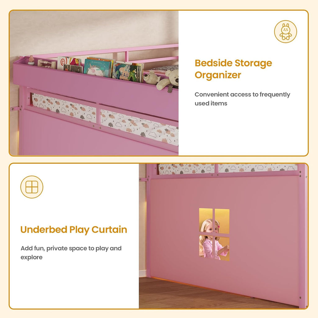 ADORNEVE Low Loft Bed Full Size with 7 Storage Drawers, Bookcase and LED Lights, Metal Kids Loft Bed with 14' H Safety Guardrail,Inclined Ladder and Play Curtain, Under-Bed Play Space, Pink
