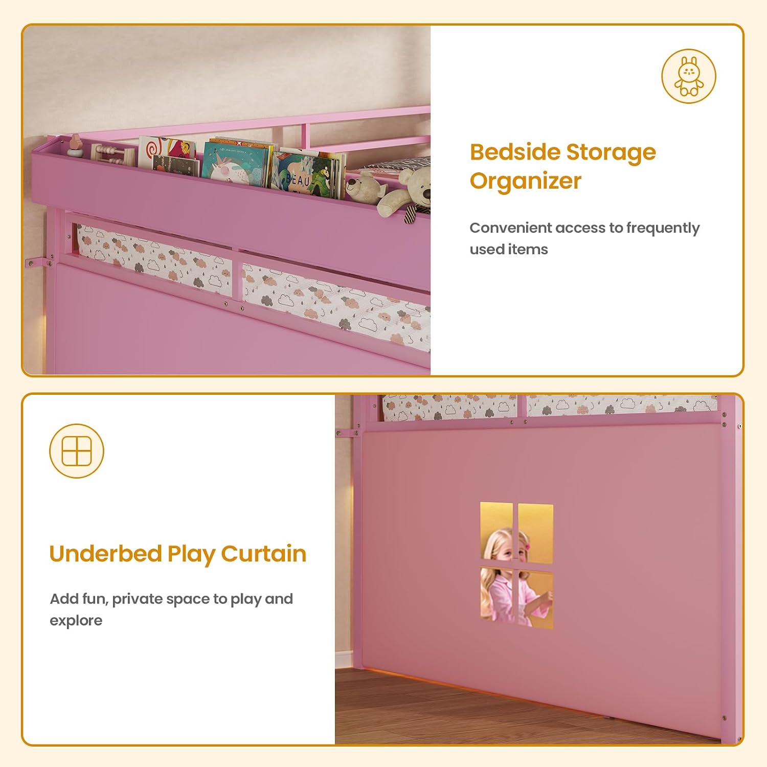 ADORNEVE Low Loft Bed Full Size with 7 Storage Drawers, Bookcase and LED Lights, Metal Kids Loft Bed with 14' H Safety Guardrail,Inclined Ladder and Play Curtain, Under-Bed Play Space, Pink