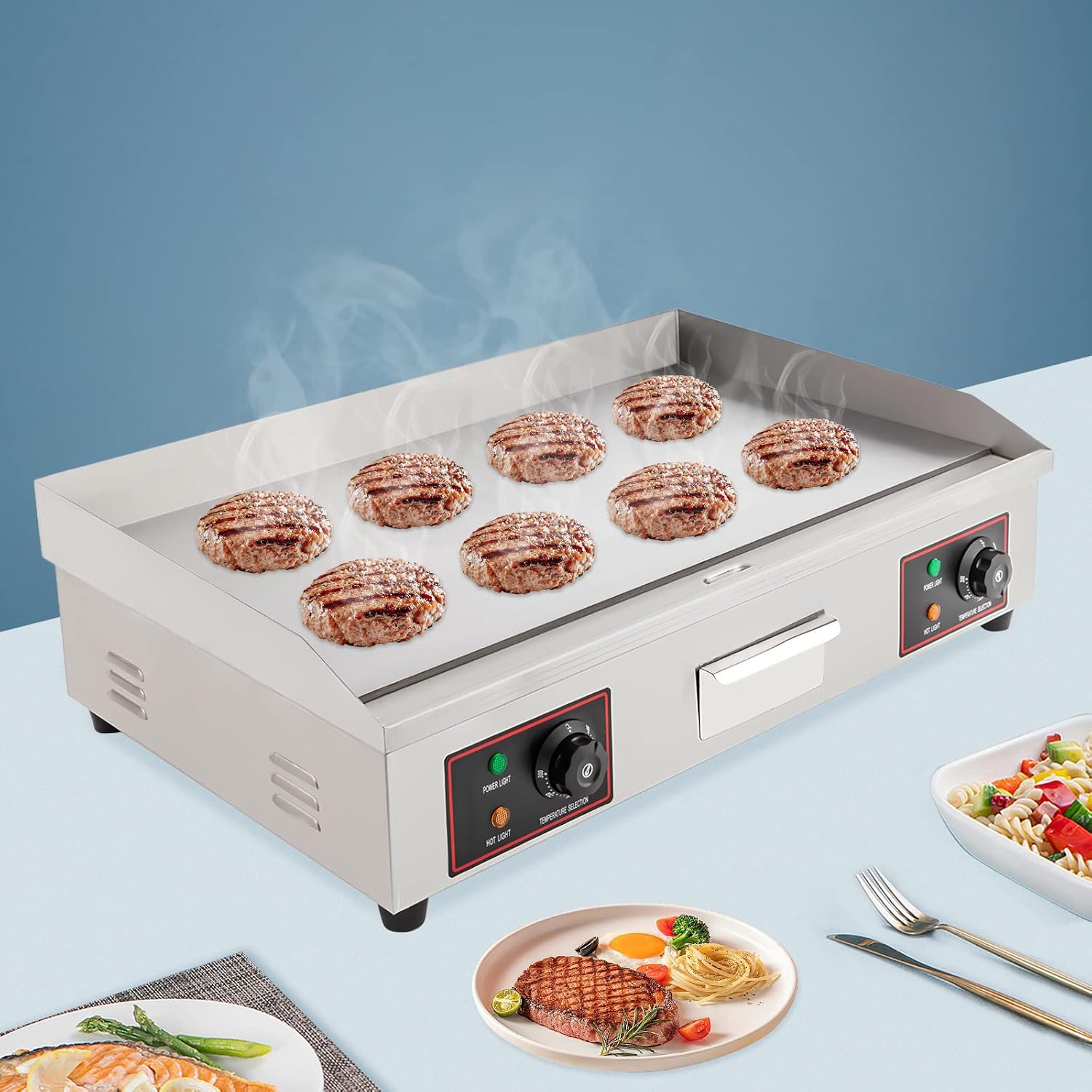 Commercial Electric Griddle, 29 in 3000W Stainless Steel Flat Top Grill with Adjustable Temperature (122°F-572°F), for Snack Stores, Restaurants, Canteens, Kitchen Countertop Use