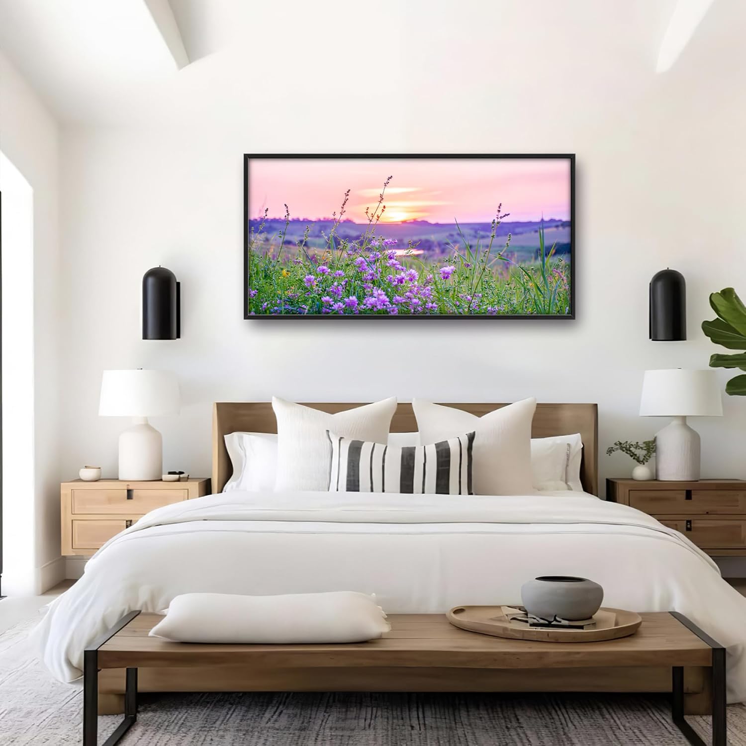 Nature Scenery Large Wall Art Sunset Framed Wall Decor for Living Room Countryside Wildflowers Pictures Oversized Canvas Print Painting Modern Extra Large Framed Artwork for Bedroom Office 60'x30'