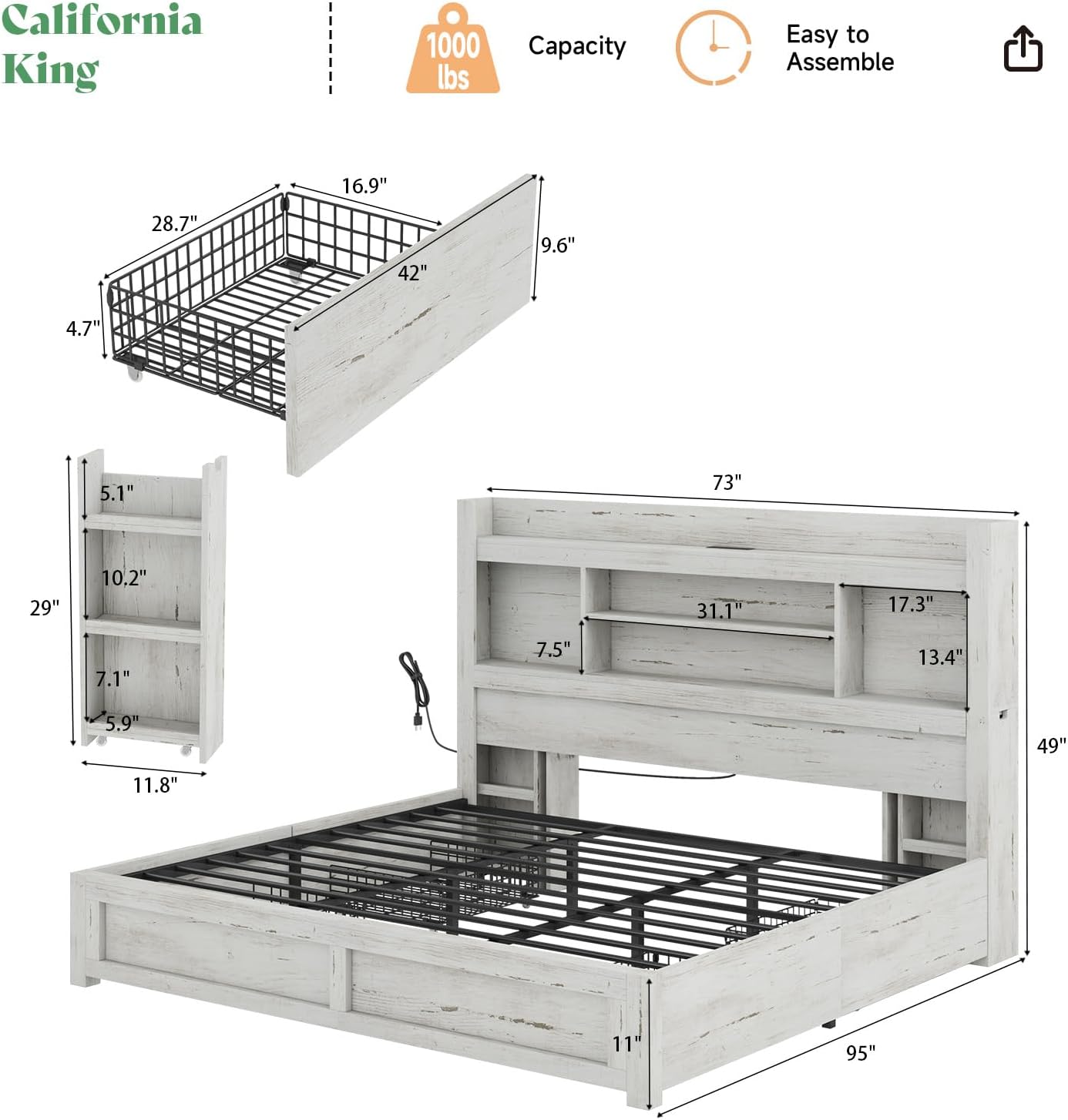 AMERLIFE California King Size Bed Frame with 4 Storage Drawers, LED Bed Frame with 49.6' Tall Bookcase Headboard, Wood Platform Bed with Charging Station & 2 Slide Bedside Shelf, Distressed White