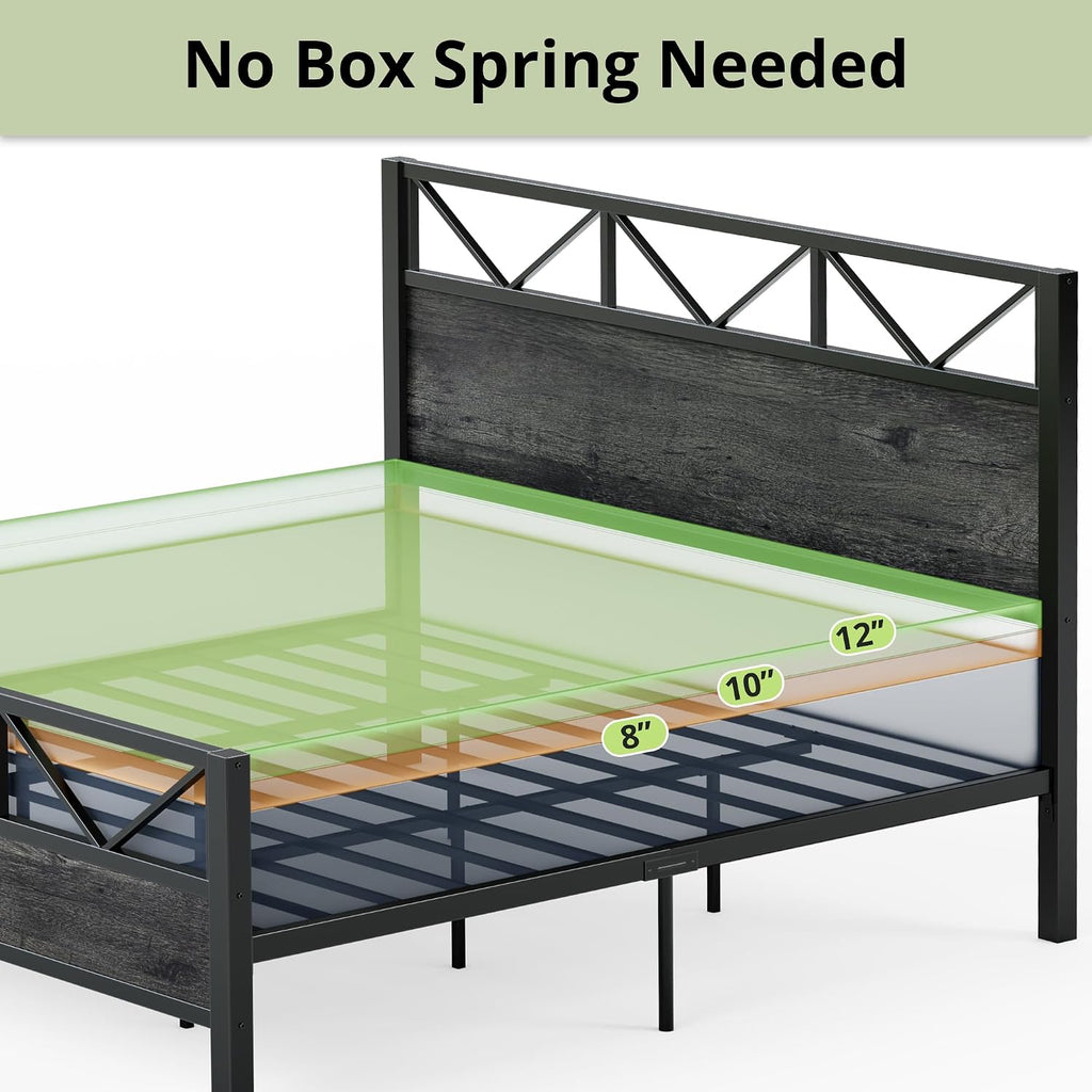LIKIMIO King Bed Frame, Tall Industrial Headboard 51.2 ', Platform Bed Frame with Strong Metal Support, Solid and Stable, Noise Free, No Box Spring Needed, Easy Assembly, Charcoal Grey