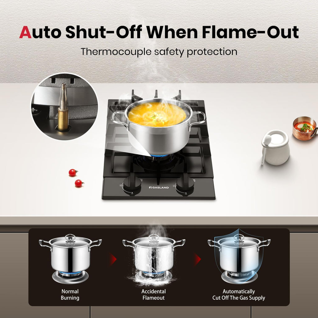 GASLAND 2 Burners Gas Cooktop 12 Inch GH30EF Drop-in Propane Stove Top with Thermocouple Protection, LPG/NG Convertible Dual Fuel Natural Gas Hob, Black