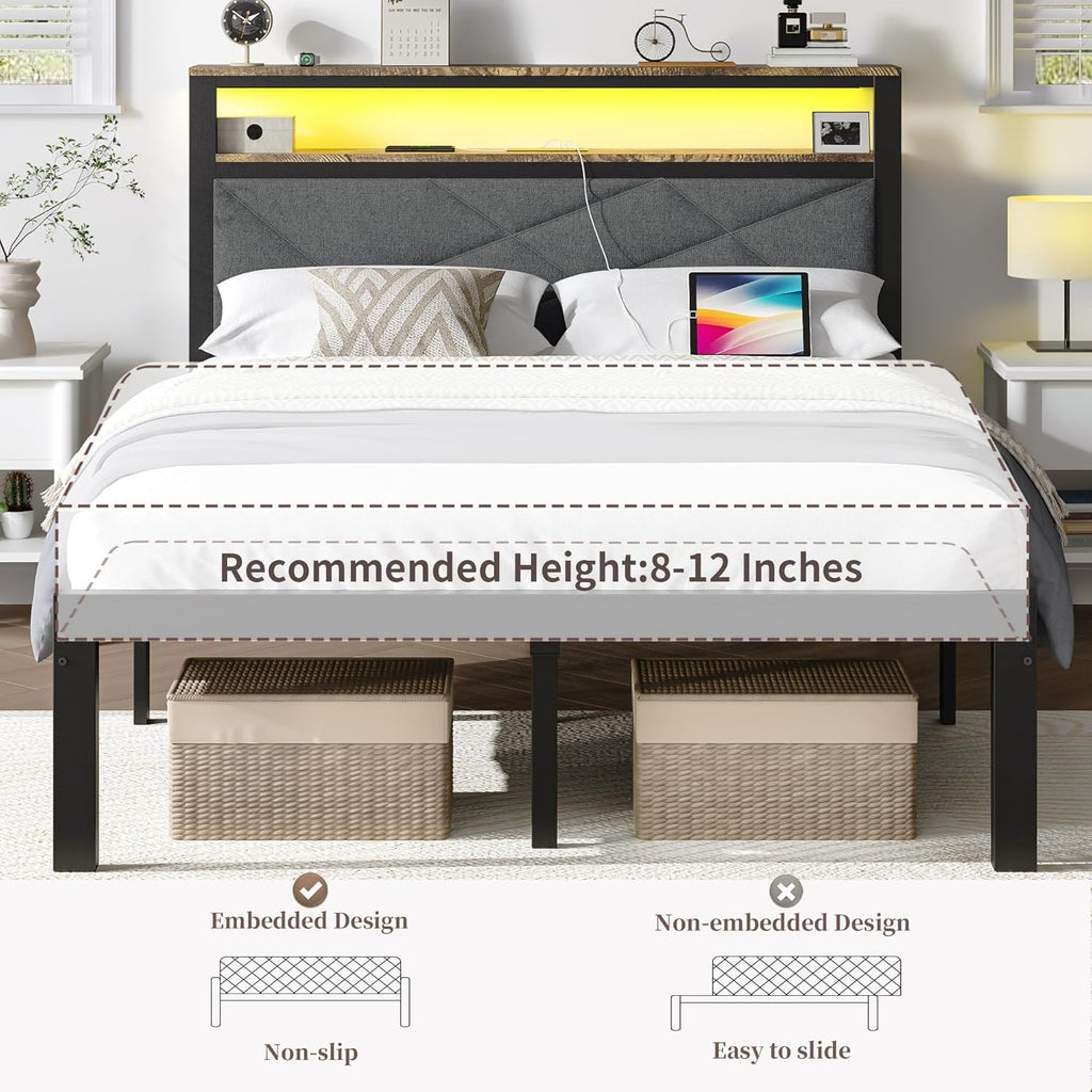 ChicZhiNest Full Size Bed Frame with 2 Tier Upholstered Storage Headboard and Under Bed Storage,Platform Bedframe with LED Lights and Charging Station, No Box Spring Needed,Easy Assembly,Grey